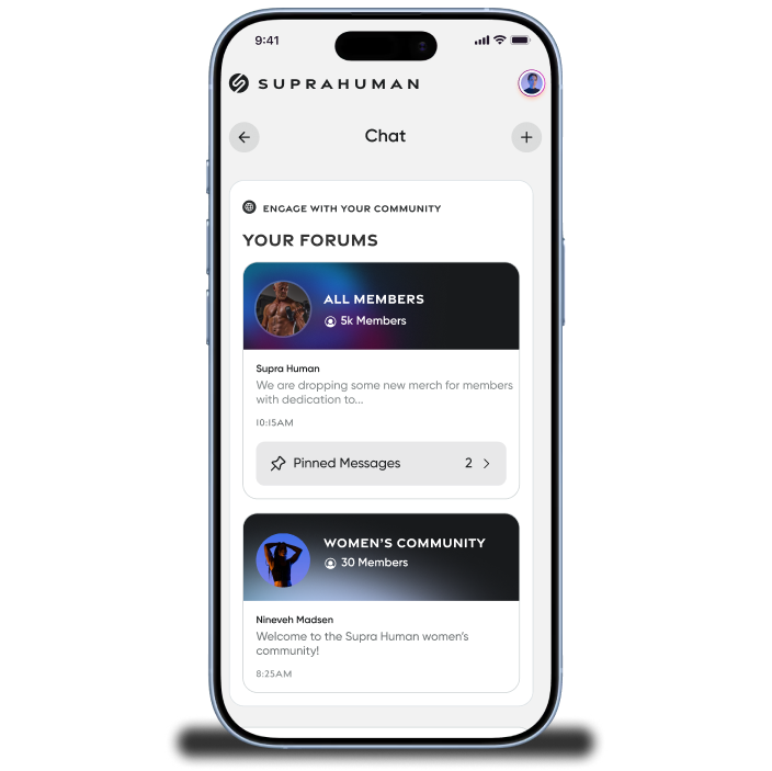 Supra Human app showing community forums