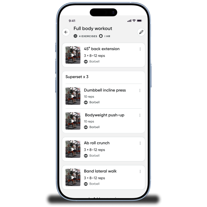 Supra Human app showing a full body workout